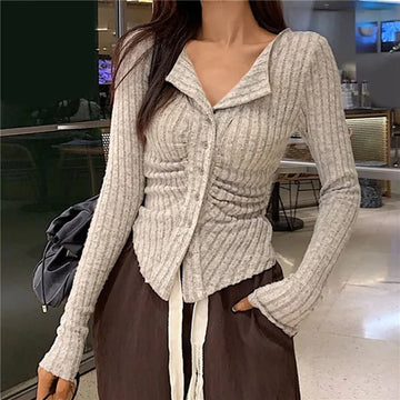 Getadme-Y2k Knitted Cardigan Women  Collar Sweater Coat Vintage Long Sleeve Single Breasted Top Autumn Fashion Girls Knitwear Jumper